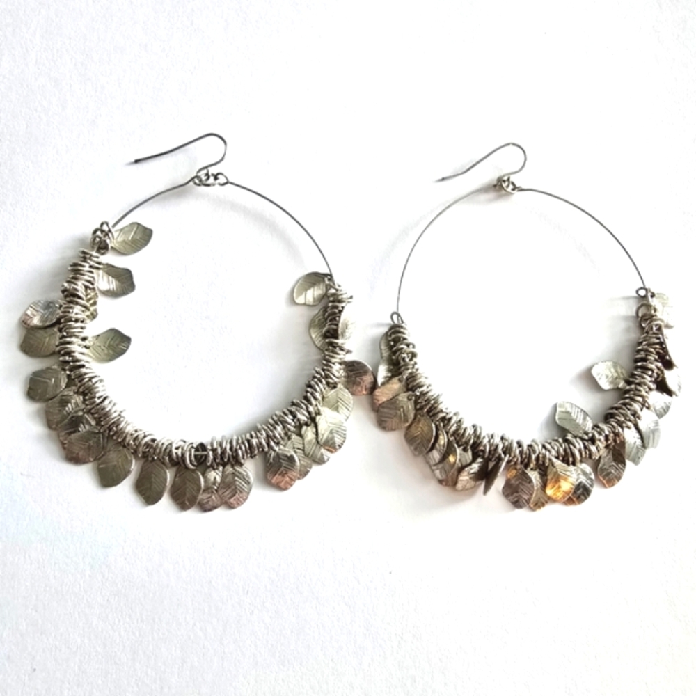 Big hoop earrings leaf and rings charms Silver tone leaves boho oversized